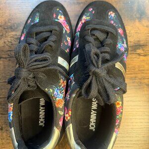 Johnny Was Dreamer Suede Sneakers Black and Floral gold accents EUC 8.5